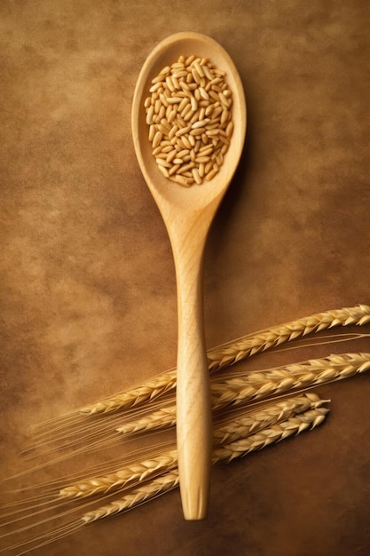 Una cuchara de madera que descansa sobre granos de trigo frescos