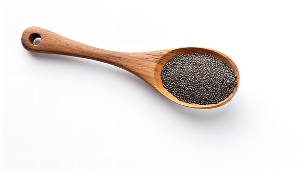 Una cuchara de madera con semillas de chía en un fondo blanco vista superior espacio de copia comida vegana IA generativa