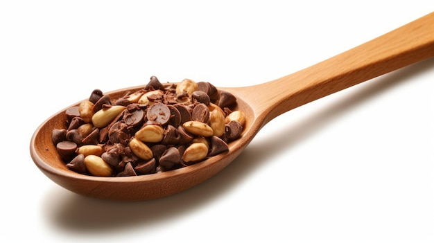 Una cuchara de madera con trozos de chocolate y nueces generadas por la IA