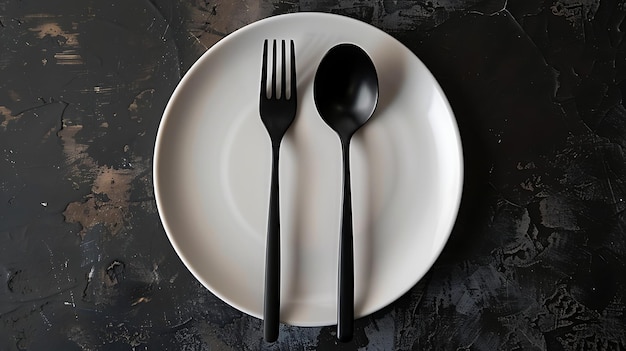 Foto cuchara negra y tenedor en plato blanco el plato está sobre un fondo de textura oscura la imagen es simple y elegante