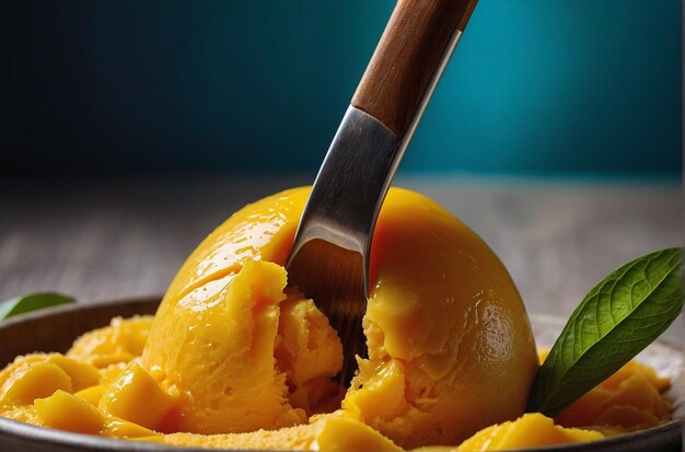 Foto una cuchara de sorbete de mango en un platillo