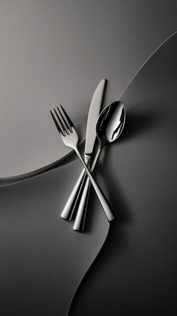 Cuchara de tenedor y cuchillo sobre fondo gris