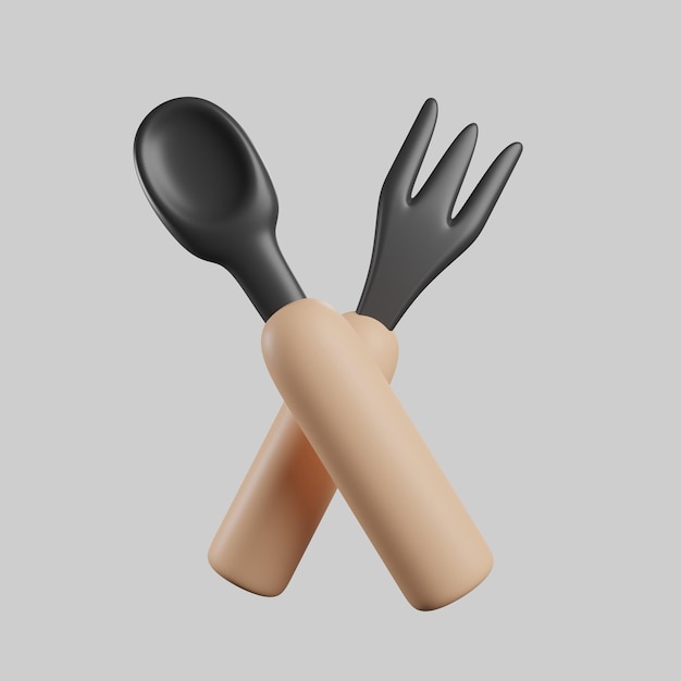 Cuchara y tenedor de herramientas de cocina de renderizado 3d con ilustración de renderizado 3d de estilo de dibujos animados