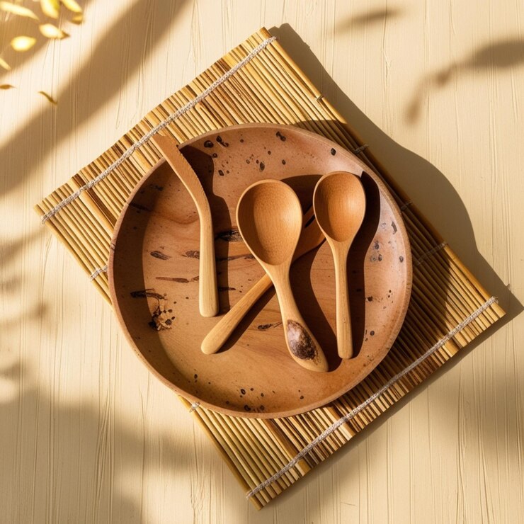 Cuchara y tenedor de placa de madera natural en un soporte de bambú concepto de artesanía de comida asiática Vista desde arriba