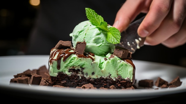 Una cucharada de helado de chocolate de menta que se coloca en un brownie fresco