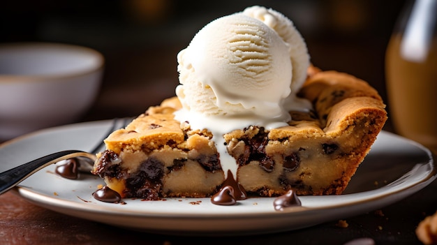 Una cucharada de helado de vainilla y una rebanada de pastel de galleta con chispas de chocolate recién hecho IA generativa