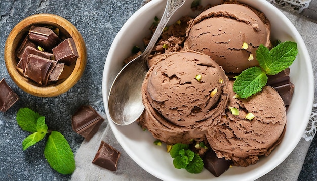 Cucharadas de helado de chocolate con hojas de menta en un tazón