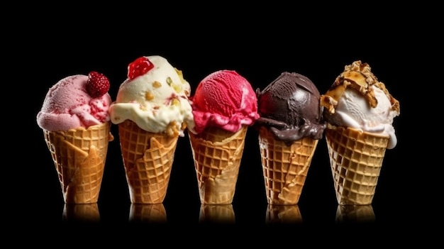 Cucharadas de helado en conos de galleta aislado sobre fondo negro generativo ai