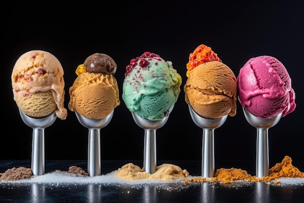 Cucharadas de helado en varios sabores creados uno al lado del otro con inteligencia artificial generativa