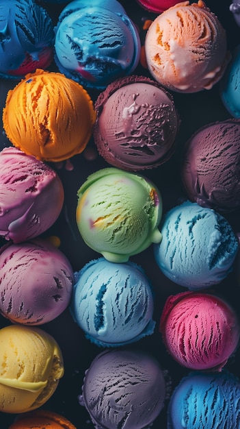 Las cucharas de helado coloridas en varios sabores de fondo