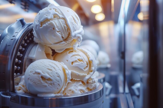 Foto cucharas de helado de vainilla en recipiente metálico con cucharas en fondo de enfoque suave