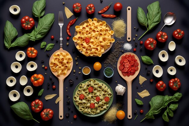 Foto con cucharas de varios tomates de pasta y aceite de oliva de arriba hacia abajo endecha plana