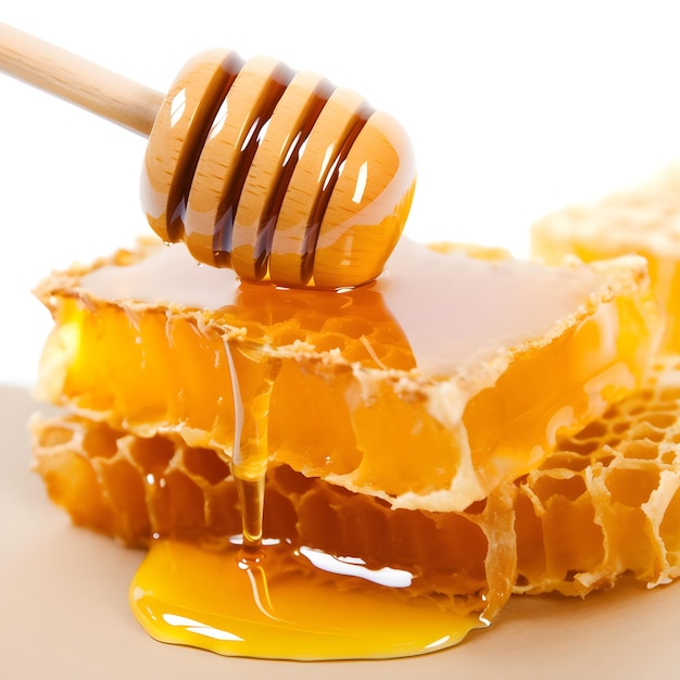 Un cucharón de miel está encima de un panal.