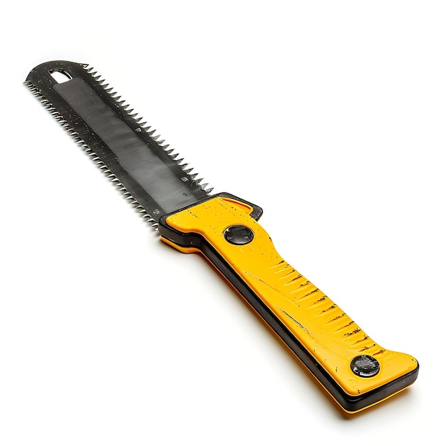Cuchilla de sierra con cuerpo de metal amarillo una herramienta utilizada para cortar aislados limpios en blanco BG Diseño de artículos