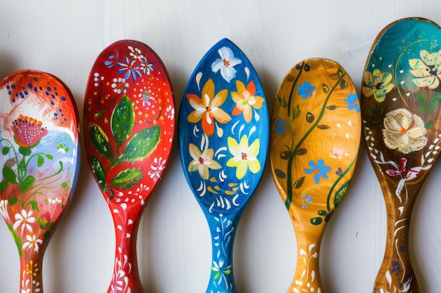 Cuchillas de madera pintadas a mano con patrones coloridos de utensilios de cocina y decoración de arte popular