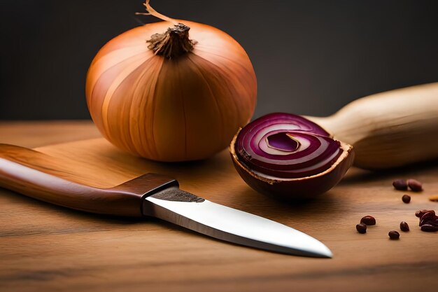 Un cuchillo y una cebolla en una tabla para cortar madera