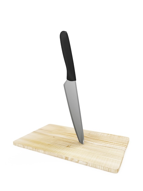 Cuchillo de cocina en una tabla de cortar de madera aislada en 3D rendering