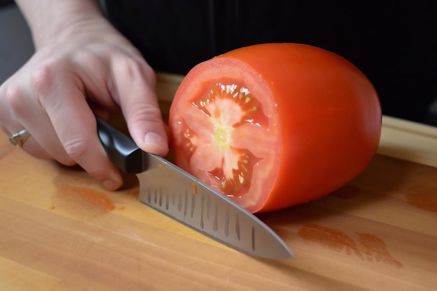 Foto un cuchillo corta un tomate generado por ia