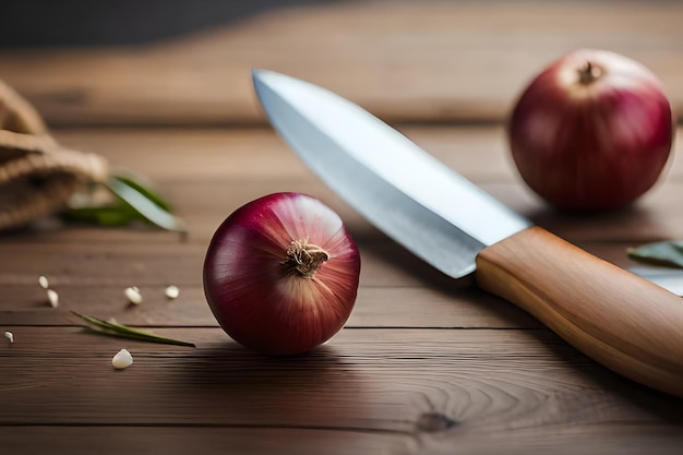 Un cuchillo con un cuchillo junto a una cebolla y algunos otros ingredientes sobre una mesa de madera.