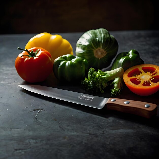 Un cuchillo está en una mesa con un cuchillo y un pimienta