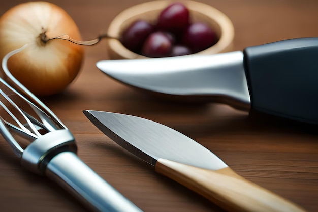 Un cuchillo está sobre una mesa al lado de un tazón de ciruelas.