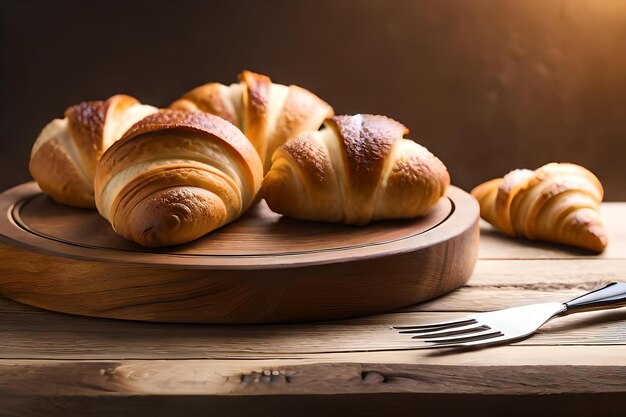 Un cuchillo está en una tabla de cortar con croissants en él.