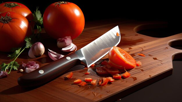 Un cuchillo está en una tabla de cortar con tomate y cebolla.