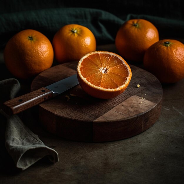 Un cuchillo está en una tabla de cortar con tres naranjas.