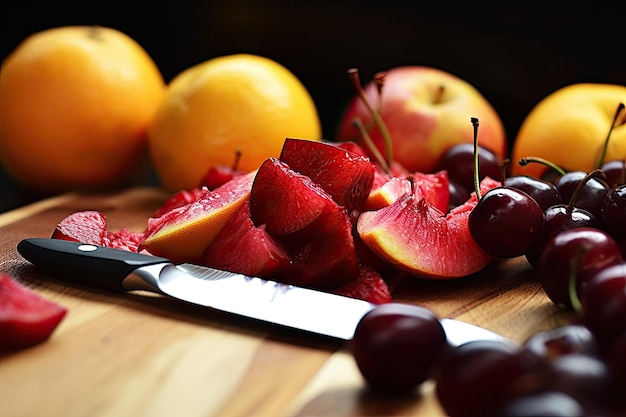 Un cuchillo con una fruta junto a un racimo de cerezas.