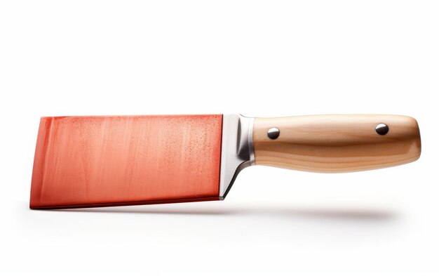 Un cuchillo grande con mango de madera sobre un fondo blanco