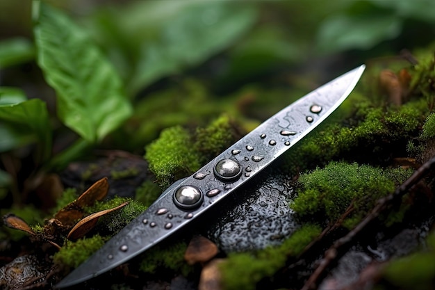 un cuchillo de metal con gotas de agua