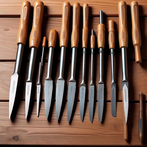 cuchillos de madera sobre tablas de madera utensilios de cocina cuchillos diferentes sobre fondo de madera primer plano
