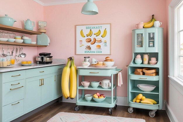 Foto cucina clásica de carrito de desayuno con electrodomésticos de plátano pastel decoración de carrito del desayuno y señalización vintage del carrito del desayuno