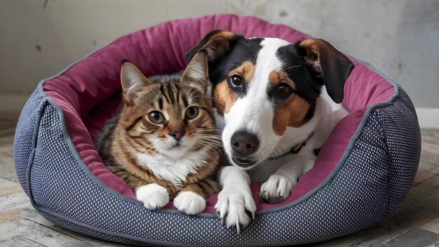 Cuddle Buddies Katze Hund Teilen Sie einen friedlichen Moment Konzept Haustier Fotografie Tiere Freundschaft pelzige Freunde entzückende Momente