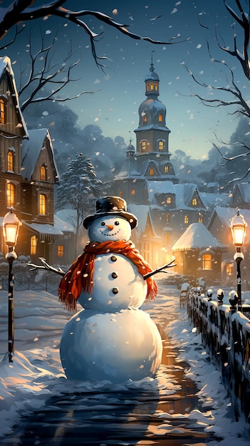 Cuddly Schneemann mit einer schneebedeckten Weihnachtsnacht als Hintergrund