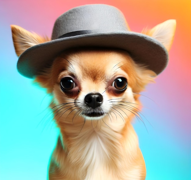 Cue Chihuahua con sombrero sobre fondo de colores