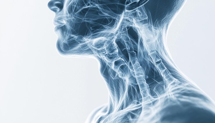 el cuello de una mujer con el cuello extendido hacia el lado