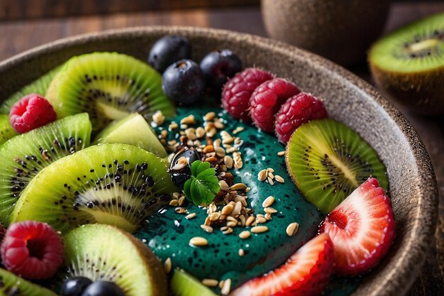 Cuenco de acai con espirulina y rebanadas de kiwi