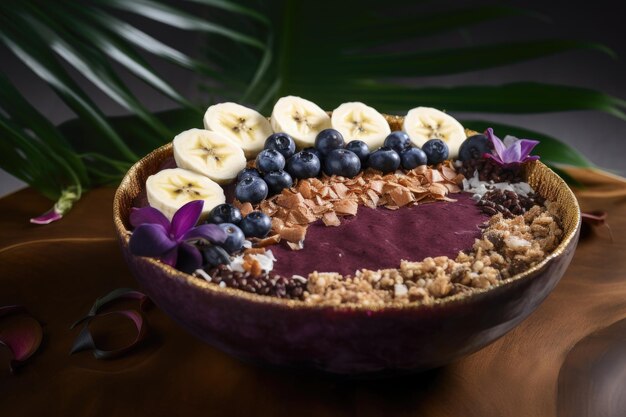 Cuenco de acai con plátano y granola en la jungla generativa IA