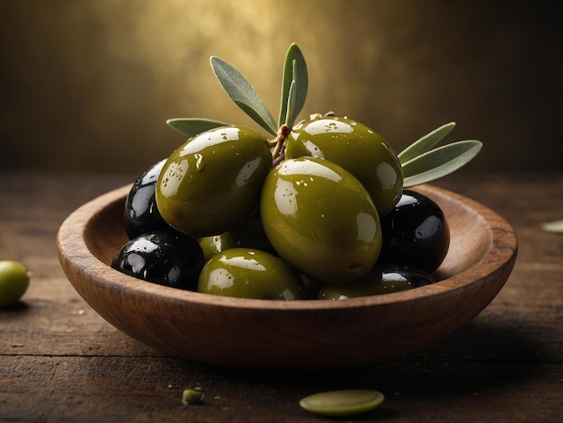 un cuenco de aceitunas con aceitunas en él y una rama con hojas verdes