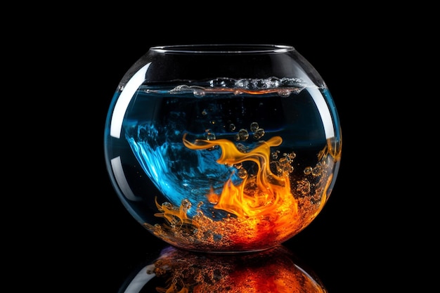 Un cuenco de agua con un fuego azul y naranja.
