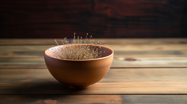 cuenco con agujas de acupuntura en una mesa de madera