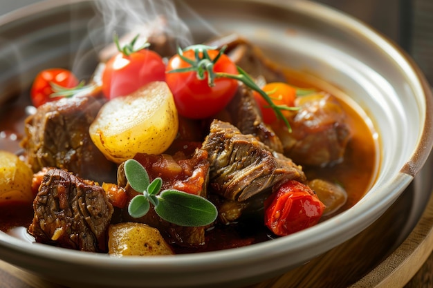 Cuenco al vapor de carne estofada con tomates y patatas en el restaurante IA generativa