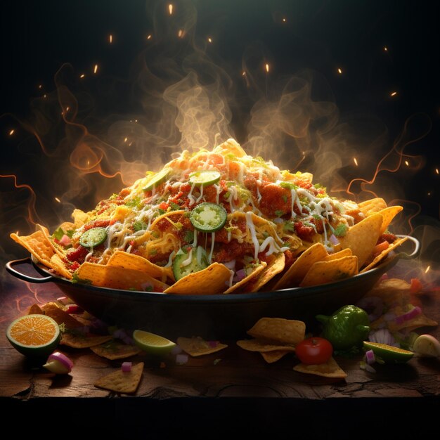 Foto cuenco arafed de nachos con una gran cantidad de ingredientes en una mesa generativa ai