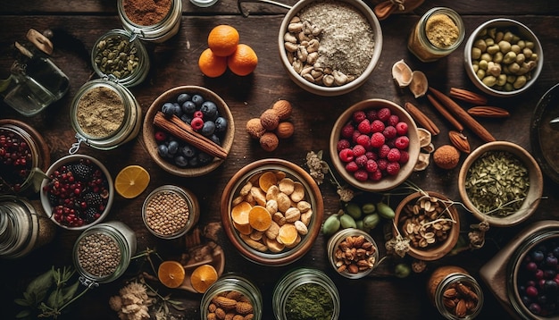 Cuenco de arándanos orgánicos con variedad de fruta fresca generada por IA