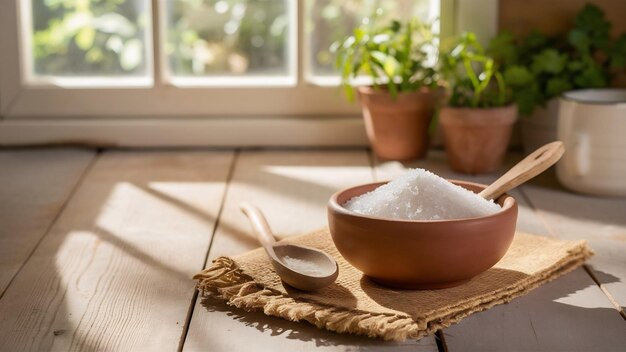 Un cuenco de arcilla con sal marina blanca y una cuchara de madera en la mesa