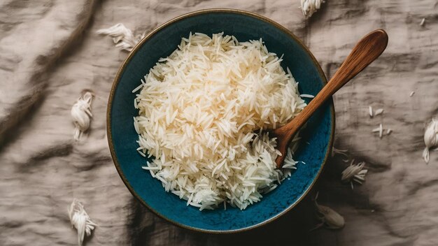 Un cuenco con arroz blanco en un paño de lino