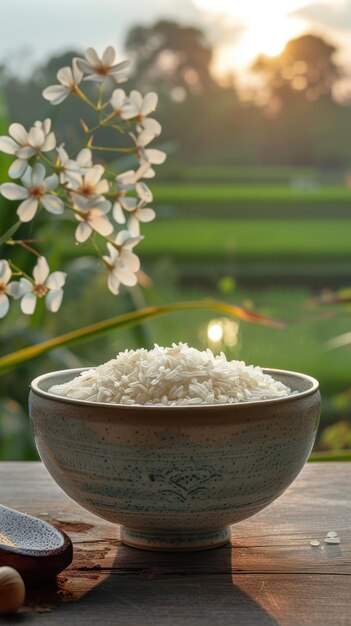 Un cuenco de arroz en una mesa de madera