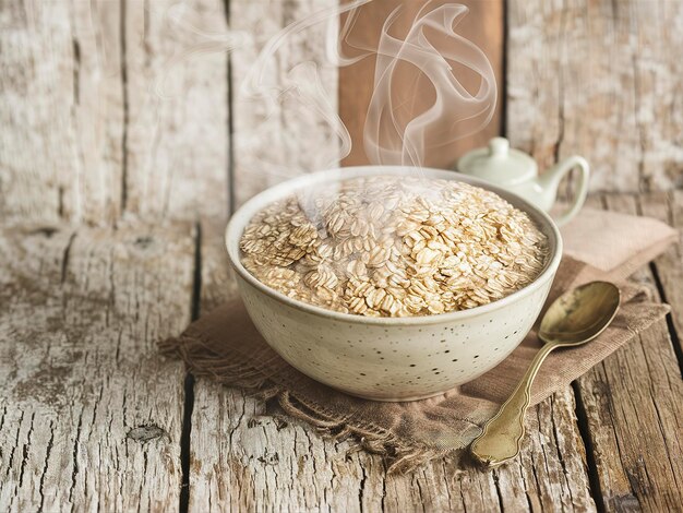 Foto un cuenco de avena en un antiguo fondo de madera