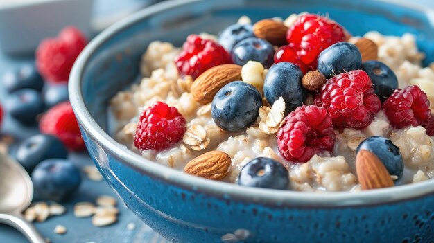 cuenco de avena cubierto de bayas y nueces que destaca los beneficios de los alimentos ricos en fibra para la salud del corazón y la digestión